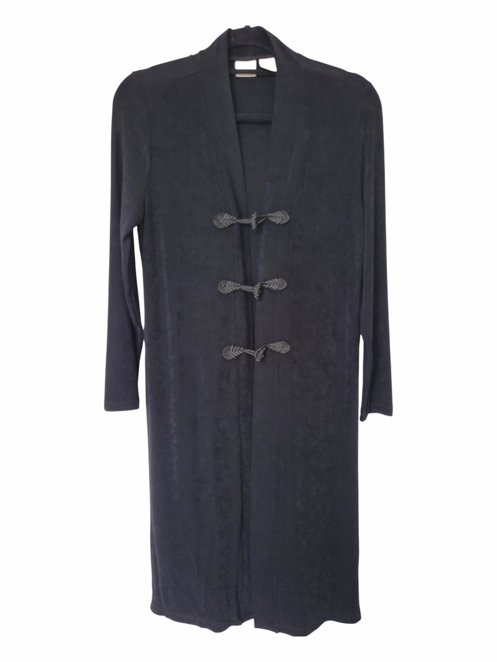 ✅ Chico's Travelers Black Long Cardigan with Toggle Closures size 1P US 8/10
